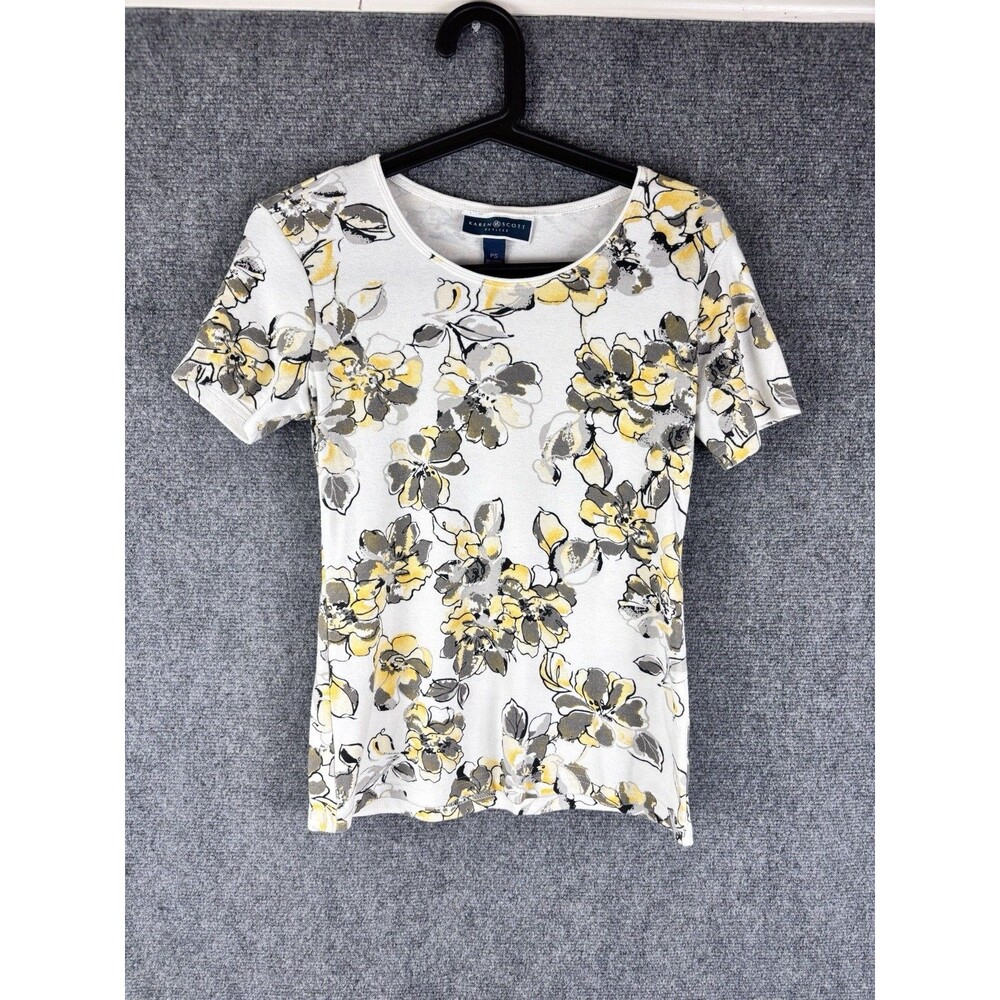 Karen Scott Petites PS Floral Top Yellow Gray White Short Sleeve Petite Small
